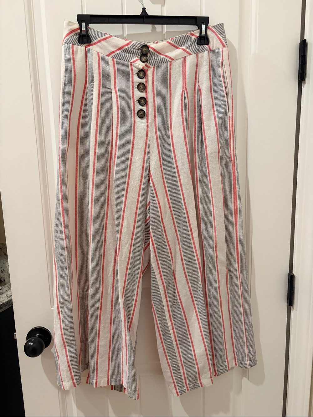 Striped Wide-Leg Womenβs Pants - White, Gray & Red